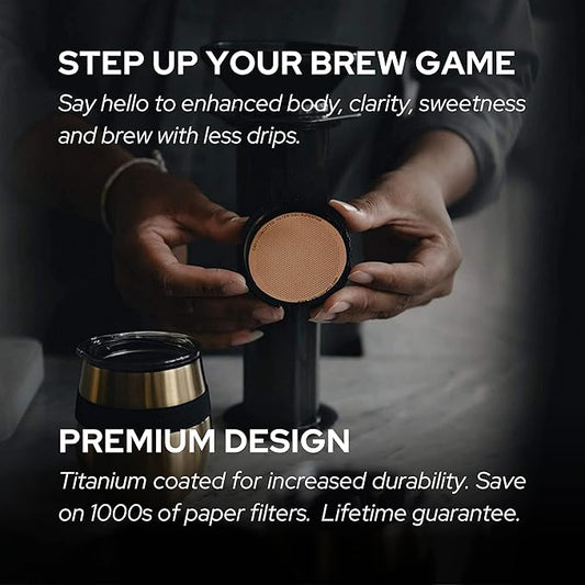 Filter for use in AeroPress Go/AeroPress Coffee Makers (Superfine) - Premium Replacement Disc - Reusable Metal, Titanium Coated Stainless Steel. Upgrade Your Mesh or Filter Papers