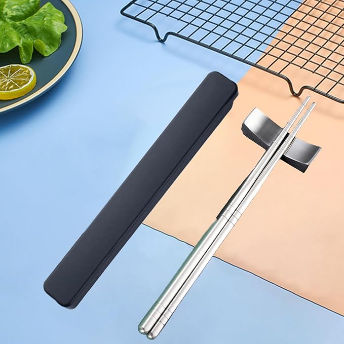 Stainless Steel Metal Chopsticks - 1 Pair Reusable with Pull Design Case - Portable Utensil for School, Home, Office, Camp, Travel & Bento Box (Black)