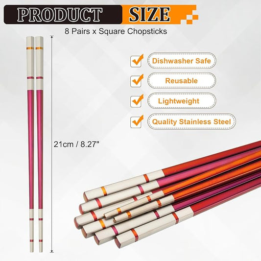 uxcell 8 Pairs Stainless Steel Chopsticks, 21cm / 8.27 Inch Metal Chop Sticks Square Lightweight Chopsticks Tableware Accessories Bulk for Home Kitchen Hot Pot Cooking, Colored Purple