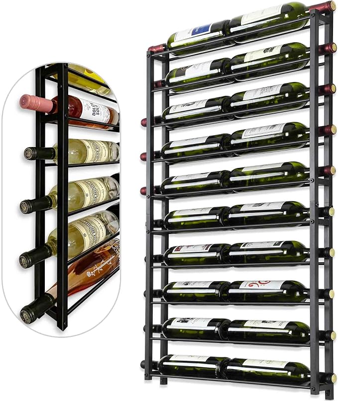 Wine Rack Wall Mounted: 20 Bottle Capacity Storage - 3.7'' Extra Wide Slots | Heavy Duty for Champagne & Magnum - Professional Grade for Wine Collectors - Rust-Resistant Matte Black Metal
