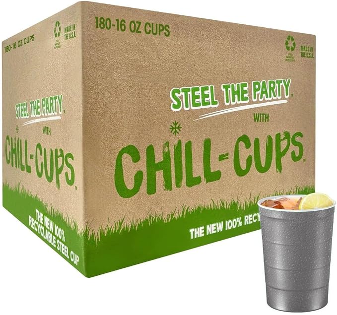 Steel Chill Cups 16 oz. Durable & Reusable Party Cups, Gray, 180 Count | Made in USA from Steel these durable cups chill fast & keep your drink cold for longer, 100% recyclable for sustainablity