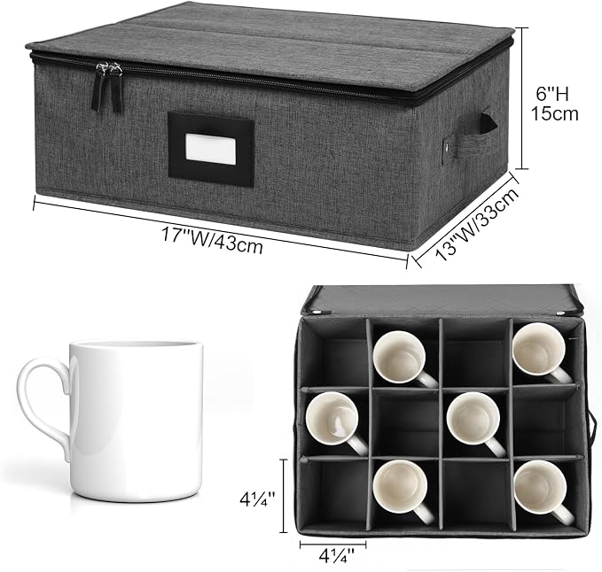 Mug Storage Box with Dividers 2 Pack, Hard Top Cup Storage for Coffee Mug | Stackable Coffee Mug Storage Box with Zipper Lid & Rivet Reinforced Handles (17"L x 13"W x 6" Black)