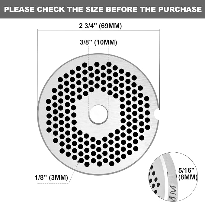 #12 Meat Grinder Plate, 3mm Fine Grinding Plate for Sausage | #12 stainless steel plate, 3mm fine grind for sausage, For hot dogs & bologna,Fits most #12 grinders,Dishwasher safe & clean.