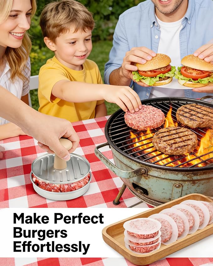 Burger Press, 5 Inch Hamburger Patty Maker in Stainless Steel | Burger Mold with Wooden Handle and Base, Includes 100 Patty Papers for Homemade Burgers, BBQ and Meal Prep