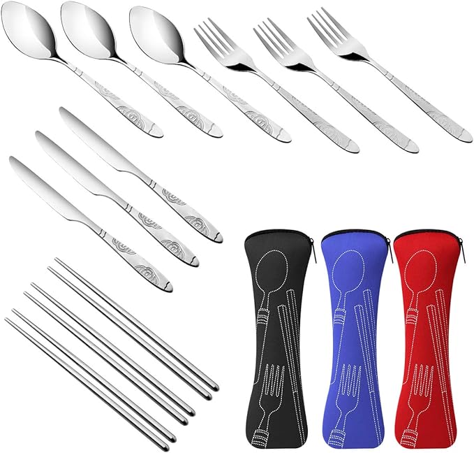 Arroyner 3 Pack Reusable Flatware Sets Knife, Fork, Spoon, Chopsticks, 12Pcs Portable Travel Stainless Steel Tableware Dinnerware with Carrying Case