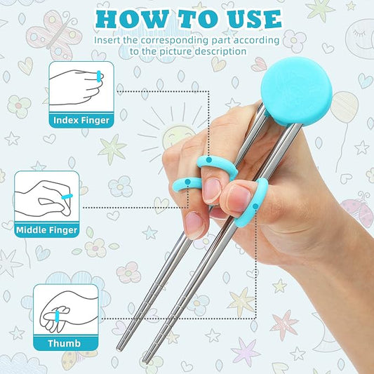 Patelai 2 Pairs Training Chopsticks for Kids, Children Learning Stainless Steel Reusable Metal Chopsticks Helper(Blue, Pink)