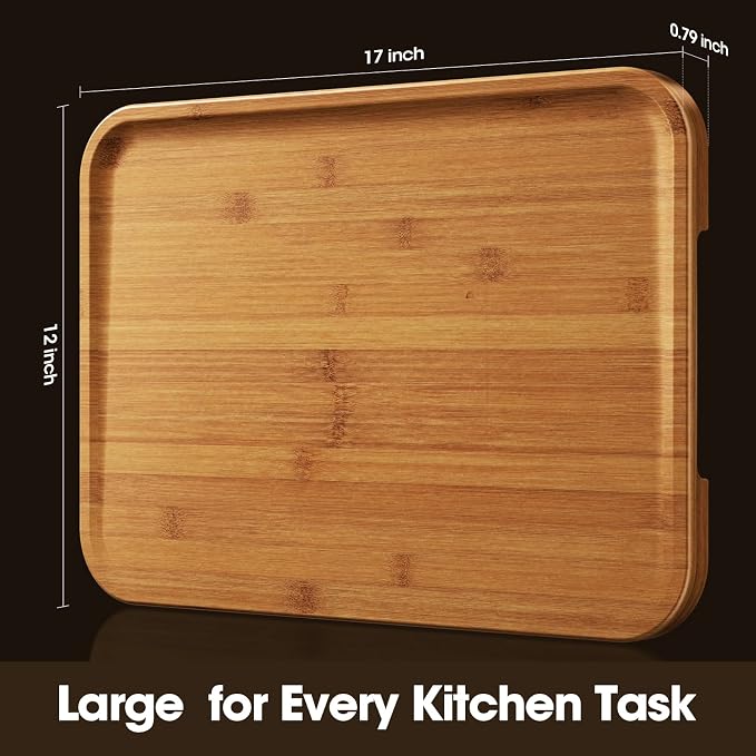 Deep-Carbonized Bamboo Cutting Board, 17 x 12 Inch | FSC-Certified 0.8 IN Bamboo | Extra-Large Space, Sloped Juice Groove, Reversible Serving Side, Sauce Well & Grip Handles