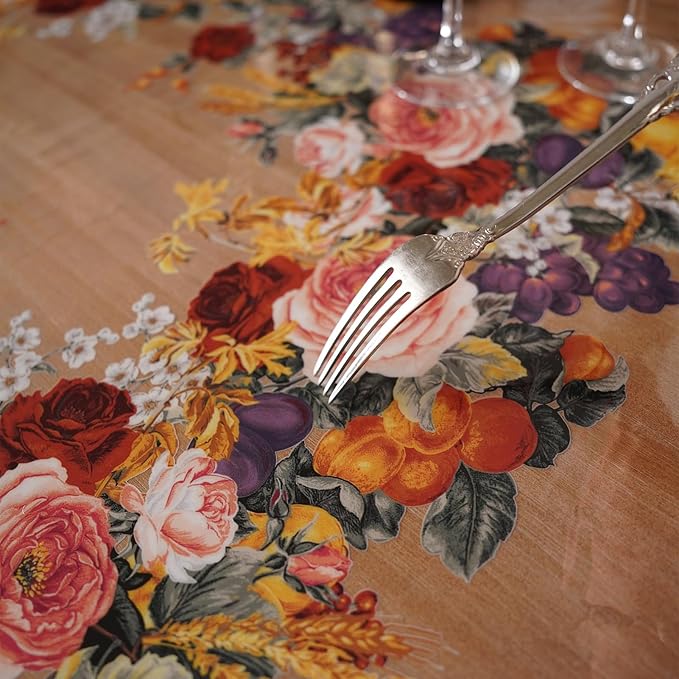 Clear Table Cover Protector Vinyl PVC Rectangle Table Cloth with Floral Fruit Pattern Oil Spill Proof Plastic Tablecloths for Dining Tables Parties Holidays (Floral Fruit, 55 x 120 Inches)