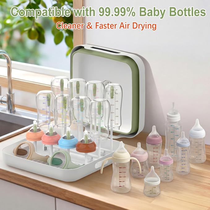 Yecuip Collapsible Baby Bottle Wash Basin w/Drying Rack & Drain Plug, Green | 2.4 Gallon Foldable Dish Tub w/Handles,Portable RV Camping Sink & Space-Saving Wash Bin with Lid for Kitchen,Travel & Outdoor