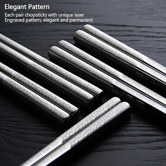 IQCWOOD 5 Pairs 18/8 Stainless Steel Chopsticks – Non-Slip Laser Engraved Metal Chopsticks for Asian Food Sushi Ramen Pho, Reusable & Dishwasher Safe Gift Box