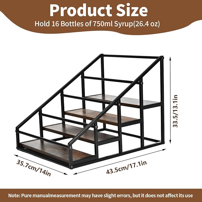 Coffee Syrup Organizer Rack, Liquor Bottle Display Shelf, Spice Racks, 4-Tier 16 Syrup Bottles Holder Stand for Coffee Bar Kitchen Small Wine Rack for Bar Family Storage for Syrup Wine Dressing