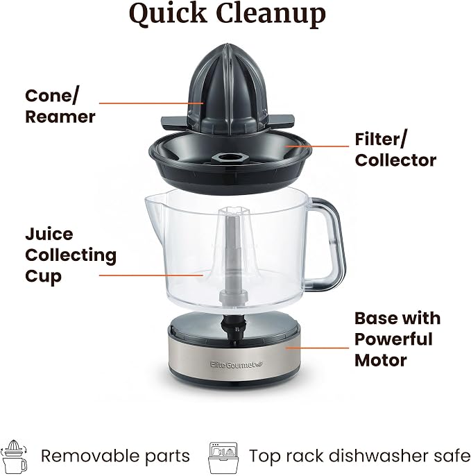 Elite Gourmet ETS623 Electric Citrus Juicer, 24 oz, Black/Stainless Steel | BPA-Free 40-Watt motor, compact large-volume pulp control - juices oranges, lemons, limes & grapefruits, easy-pour spout