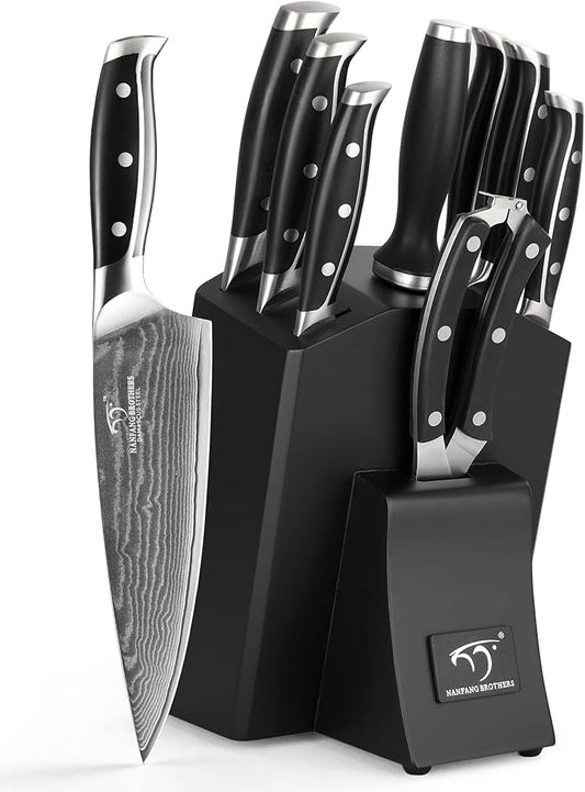 Damascus Kitchen Knife Set with Block – Razor Sharp 67-Layer VG10 Steel, Triple Rivet Handles, Chef, Santoku, Utility, Bread & Paring Knives, Sharpener, Shears, Black, 9PCS