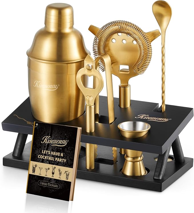 KITESSENSU Cocktail Shaker Set Bartender Kit, 6-Piece Silver Bar Set with Stand, Gold