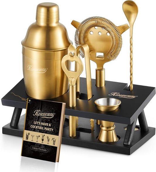 KITESSENSU Cocktail Shaker Set Bartender Kit, 6-Piece Silver Bar Set with Stand, Gold