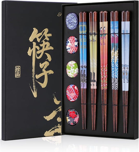 Antner 5 Pairs Reusable Wooden Chopsticks & Ceramic Rests Set, 8.8 Inch/22.5cm Classic Japanese Style Chop Sticks with Chopstick Holders for Ramen Sushi Asian Cuisine Lovers, Black Gift Box