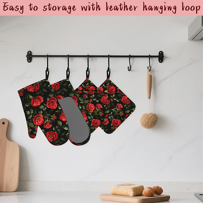 Vintage Red Rose Oven Mitts and Pot Holders (4PCS),Heat Resistant Non-Slip Silicone Kitchen Gloves for Cooking, Baking, BBQ Waterproof Kitchen Accessories