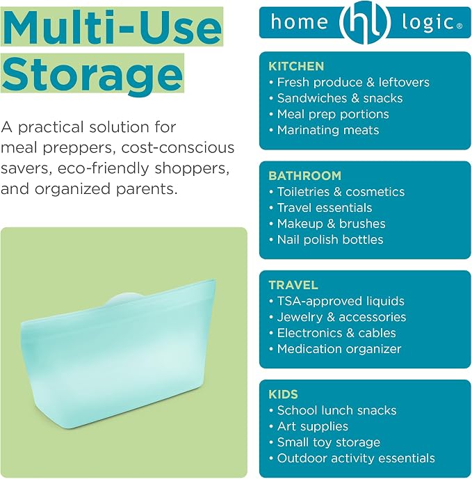 Home Logic Reusable Quart Bags - Set of 4 Pool Blue Silicone Freezer Bags, Airtight Leak Resistant Reusable Zip Bags for Kitchen Home Food Prep, Microwave & Sous Vide Safe