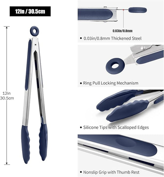 Doosu Kitchen Tongs for Cooking - 600°F Heat Resistant Food Tong with Non-Scratch Silicone Tips, Heavy Duty Stainless Steel Locking Tong for BBQ, Grilling Steak, Serving Salad Pasta (12in, Navy Blue)