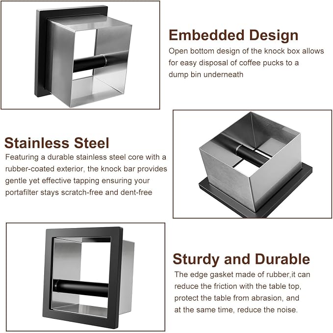 Bottomless Knock Box Espresso, Embedded Coffee Knock Box, Stainless Steel Countertop Espresso Grounds Container for Commercial Cafes Restaurants Home (5.44 x 5.91”)