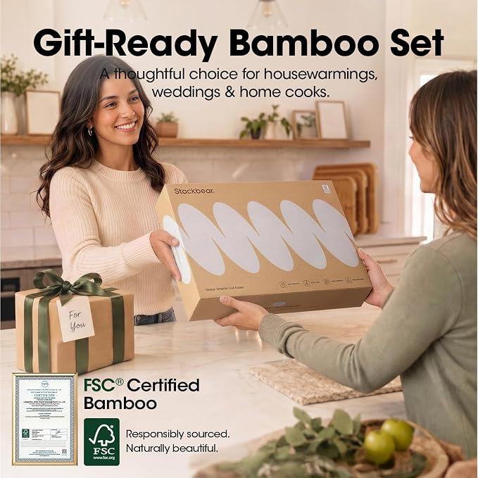 Bamboo Cutting Board Set of 3 with Stand, Non-toxic | Deep-Carbonized FSC-Certified Bamboo | 3 Large Sizes, Reversible prep & Serving Sides, Sloped Groove & Corner Sauce Well