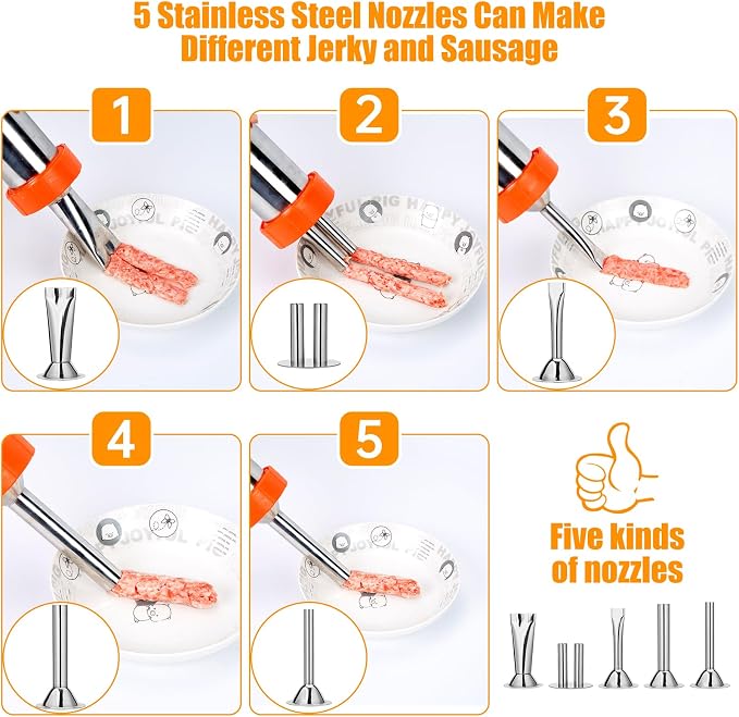 5rd Gen 2.5 LB Jerky Gun Kits, Jerky Maker Gun, Beef Jerky Gun, Stainless Steel Sausage Stuffer Jerky Making Gun with 5 Stainless Nozzles, 2 Cleaning Brushes, 1 Stomper