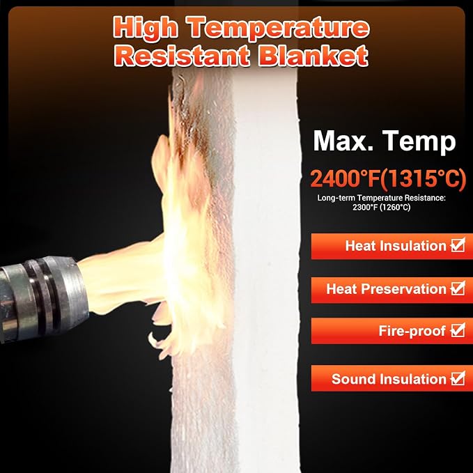 Ceramic Fiber Blanket, Fireproof Insulation Baffle, Rated to 2400F, Size 48"x24", 1" Thick, High-Temperature Resistance for Pizza Oven Stoves, Kilns, Forges, Pipes Insulation