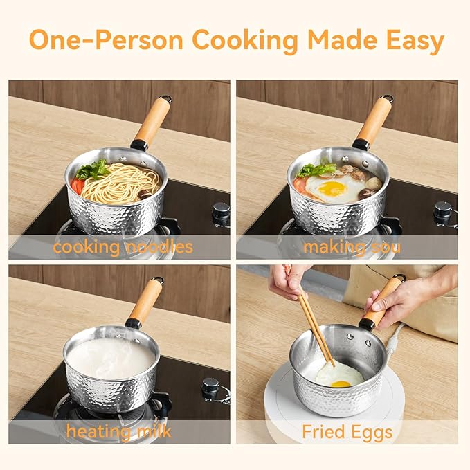WANGYUANJI 1.8-Quart Stainless Steel Saucepan with Lid, Coating-Free Small Soup Pot, Hammered Finish, Induction Compatible, Tempered Glass Lid, Cool-Touch Wood Handle