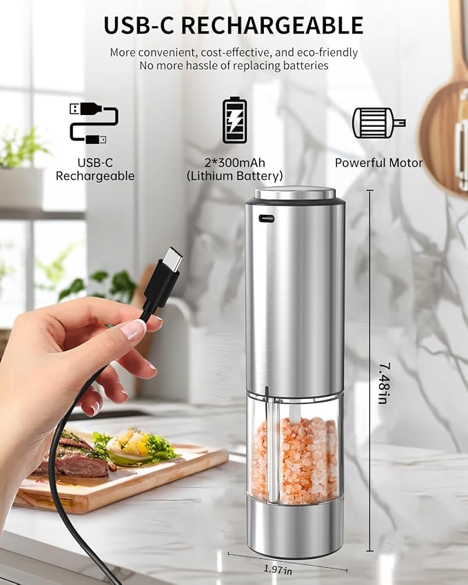 CIRCLE JOY Electric Pepper Grinder Stainless Steel Rechargeable Pepper Mill with Variable Grinding Speed, External Adjustable Coarseness, 95ml Container and White LED Light, Silver
