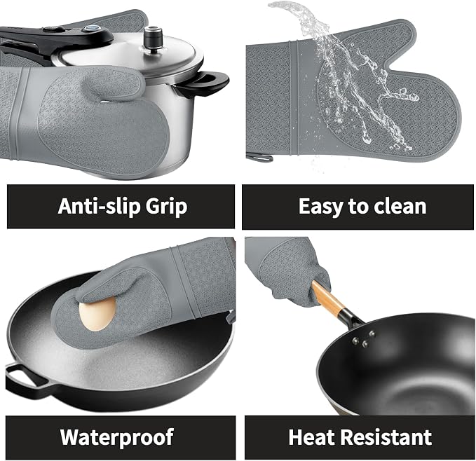 Hovico Silicone Oven Mitts, Heat Resistant 500F Kitchen Mitts 2PCS, 11.6" BPA-Free Soft Baking Gloves, Non-Slip Grip Oven Gloves with Soft Cotton Lining for Kitchen Cooking Baking BBQ - Gray