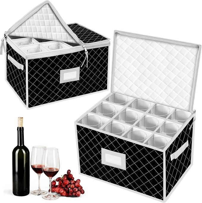 China Storage Containers - Stemware Storage Cases for 12 Wine Champagne Glasses - 2 Pack Crystal Glassware Protector Packing Boxes with Dividers and 2 Handles for Moving (Black)