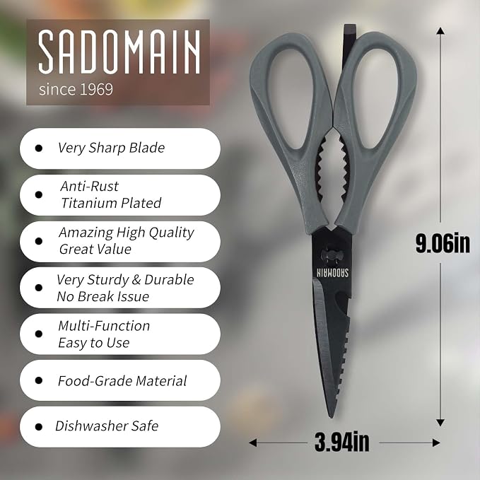 Kitchen Scissors All Purpose, Extra Sharp Kitchen Shears with Knife Sharpener & Sheath, Solid & Durable Stainless Steel Scissors with ANTI-RUST Black Titanium Plated, Dishwasher Safe – Grey