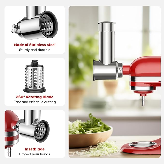 Meat Grinder & Stainless Steel Slicer Shredder Attachment for KitchenAid | Sausage Stuffer, Food Slicer, Shredder, Cheese Grater & Salad Maker, 4 Plates, 4 Blades, Food-Grade Metal, COFUN