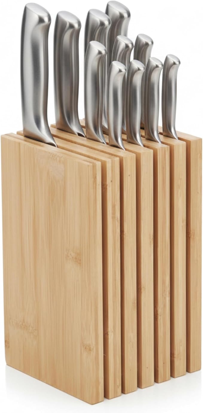 Bamboo Knife Block – Minimal Scandinavian Design, Universal Knife Holder with 6 Slots for Up to 18 Knives – Fits Paring, Chef, Steak, Butcher Knives & Scissors, Countertop Knife Block