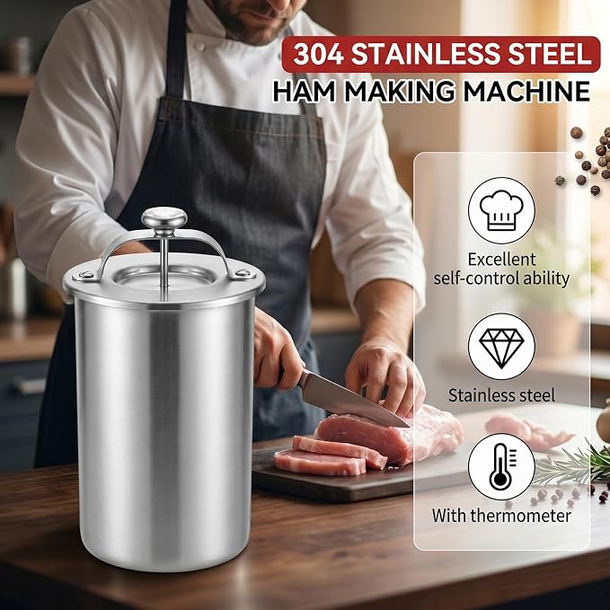 304 Stainless Steel Ham Maker with Thermometer, Lunch Meat Press Mold for Homemade Cold Cuts, Rolled Meat, 2 LB Capacity