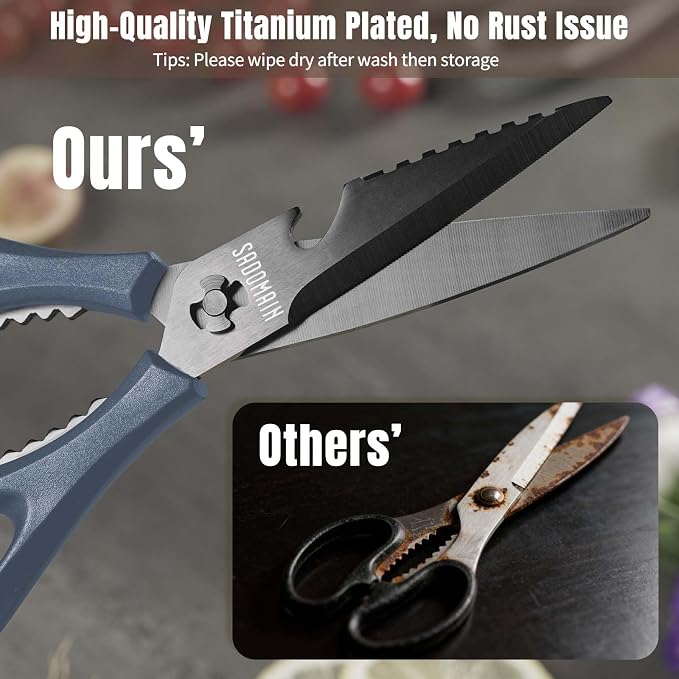 Kitchen Scissors All Purpose, Extra Sharp Kitchen Shears with Knife Sharpener & Sheath, Solid & Durable Stainless Steel Scissors with ANTI-RUST Black Titanium Plated, Dishwasher Safe – Blue