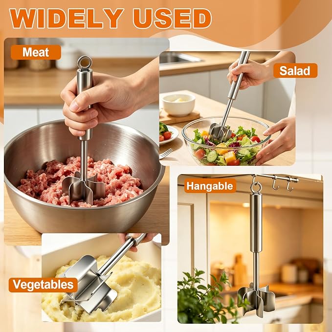 Meat Masher Dishwasher Safe, 304 Stainless Steel Meat Chopper,6-Blade Swirl Ground Beef Smasher,10 Inch Heavy Duty Potato & Hamburger Masher Tool (with Brush）