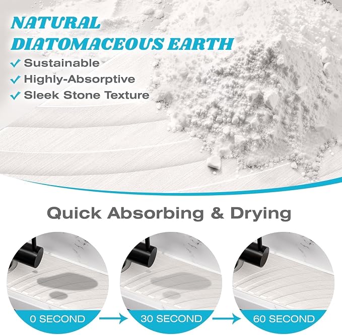 SpaceHacks Stone Faucet Mat for Kitchen Sink - Fast Drying Diatomite Stone Drying Mat, Textured Drainage Sink Protector, Water Splash Guard with Base Pads for Bathroom Counter (23.7x4 in, White)