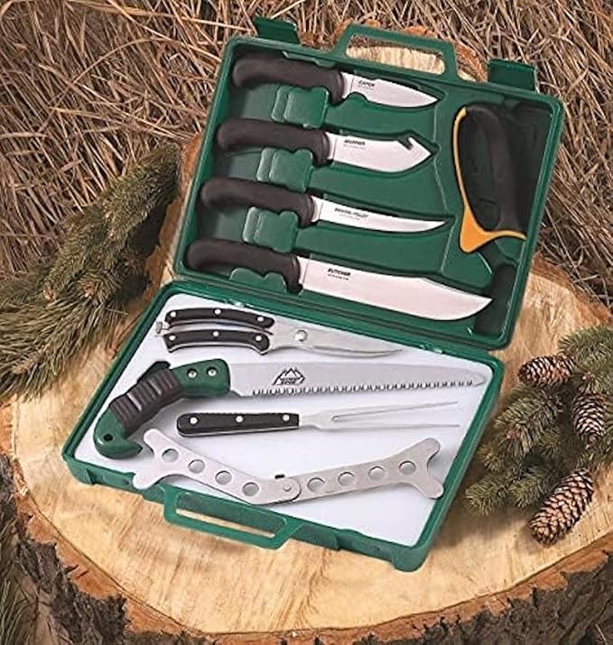 Outdoor Edge Game Processor, PR-1, Complete 12-Piece Hunting Knife Kit for Processing Big Game, Full Tang 420J2 Stainless Razor Sharp Blades, TPR Non-Slip Handles, Sturdy Hide-Side Storage Case