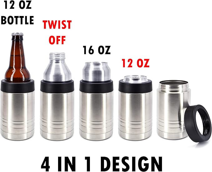 4-in-1 Stainless Steel 12 oz Double Wall Vacuum Insulated Can or Bottle Cooler Keeps Beverage Cold for Hours - Also Fits 16 oz Cans - Stainless Steel - Clear Water Home Goods