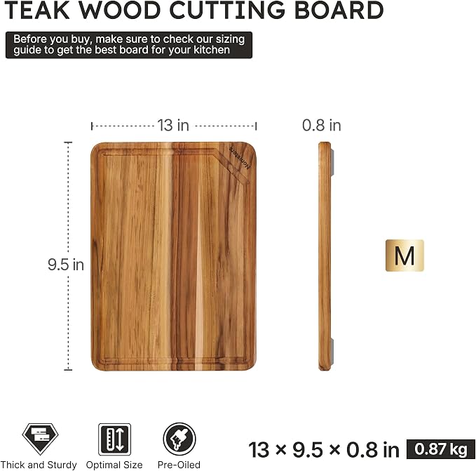 13'' Teak Cutting Boards for Kitchen Wood Wooden Chopping Board Non Toxic | Charcuterie Board, Serving, Heavy Duty, Over Sink, Non Slip, Wooden Chopping Board, Small Wooden Chopping Board, Kitchen Gift