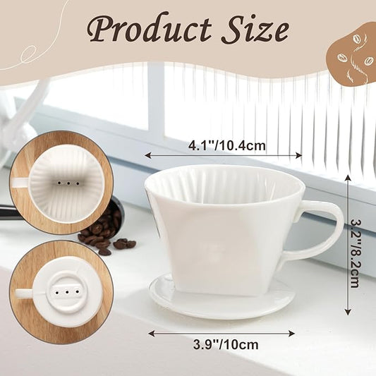 Pour Over Coffee Dripper, Ceramic Pour Over Coffee Maker with 3 Holes Flat Bottom, Easy Manual Slow Brewing, Porcelain Slow Filter Cone for Home, Office, Gift, Size 2,White