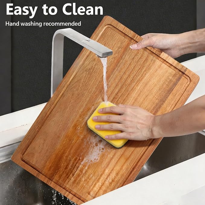 3 PCS Acacia Wood Cutting Boards for Kitchen With Wooden Storage Stand | Thick Chopping Boards, Deep Juice Grooves, Grip Handle, Non-slip Heavy Duty Charcuterie Board for Meat, Cheese and Vegetables