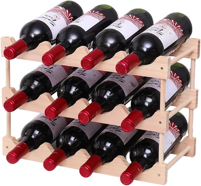 Wooden Wine Rack, countertop Wine Rack, 8-Bottle Stackable Wine Storage Rack, DIY Assembled Wine Holder, Used in Kitchens, countertops, etc (3 Layers of 12 Bottles)