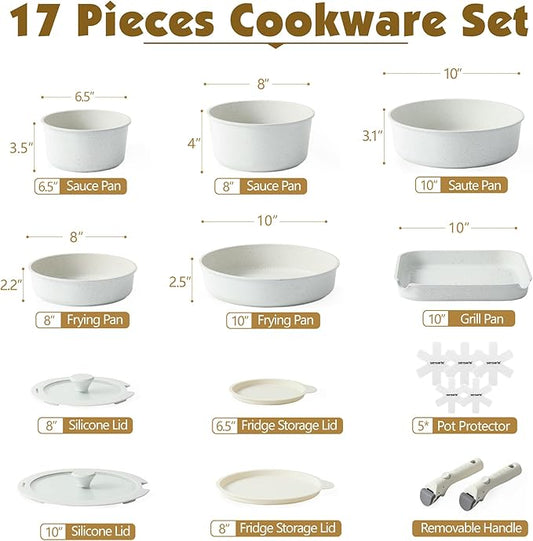 SENSARTE 17 Piece Pots and Pans Set, Nonstick Detachable Handle Cookware Set, Induction Kitchen Cookware Set with Removable Handle, Healthy Non Stick for RV, Dishwasher ＆ Oven Safe, PFOA Free (White)