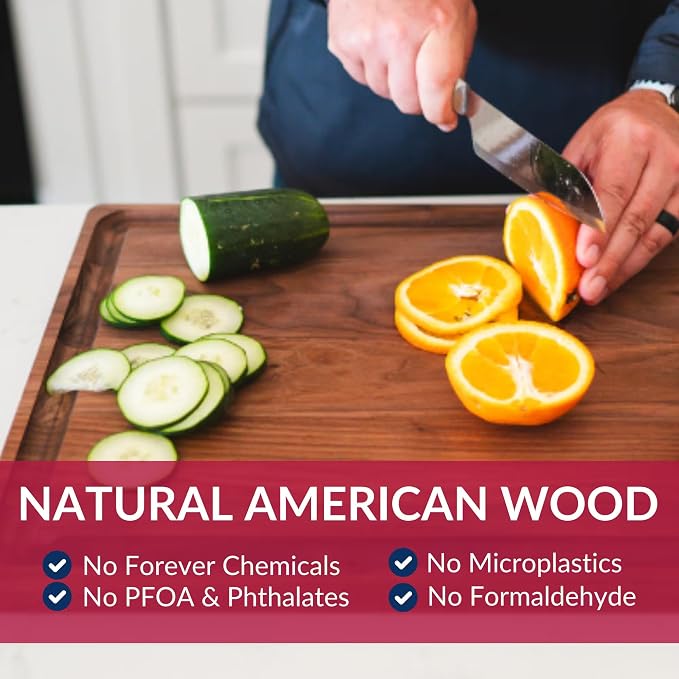 Made in USA Black Walnut Wood Cutting Board by Virginia Boys Kitchens - Butcher Block Wooden Carving Board with Juice Well made from Sustainable Hardwood (17x11)