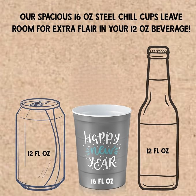 Steel Chill Cups 16 oz. Reusable Party Cups, Happy New Year, 12 Count | Made in USA from Steel these durable cups chill fast & keep your drink cold for longer, 100% recyclable for sustainablity