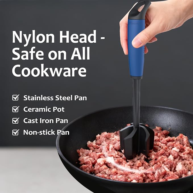 Ourokhome Meat Chopper and Potato Masher, Heat Resistant Nylon Ground Beef Smasher for Hamburger, 5 Curved Blades Nonstick Safe Mixer & Stirrer, Practical Kitchen Gadgets, Navy.