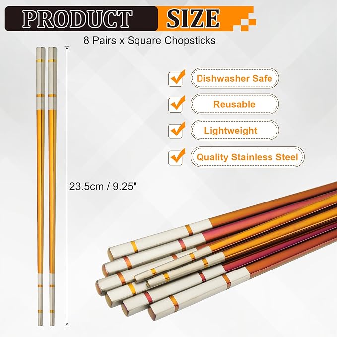 uxcell 8 Pairs Stainless Steel Chopsticks, 23.5cm / 9.25 Inch Metal Chop Sticks Square Lightweight Chopsticks Tableware Accessories Bulk for Home Kitchen Hot Pot Cooking, Colored Purple