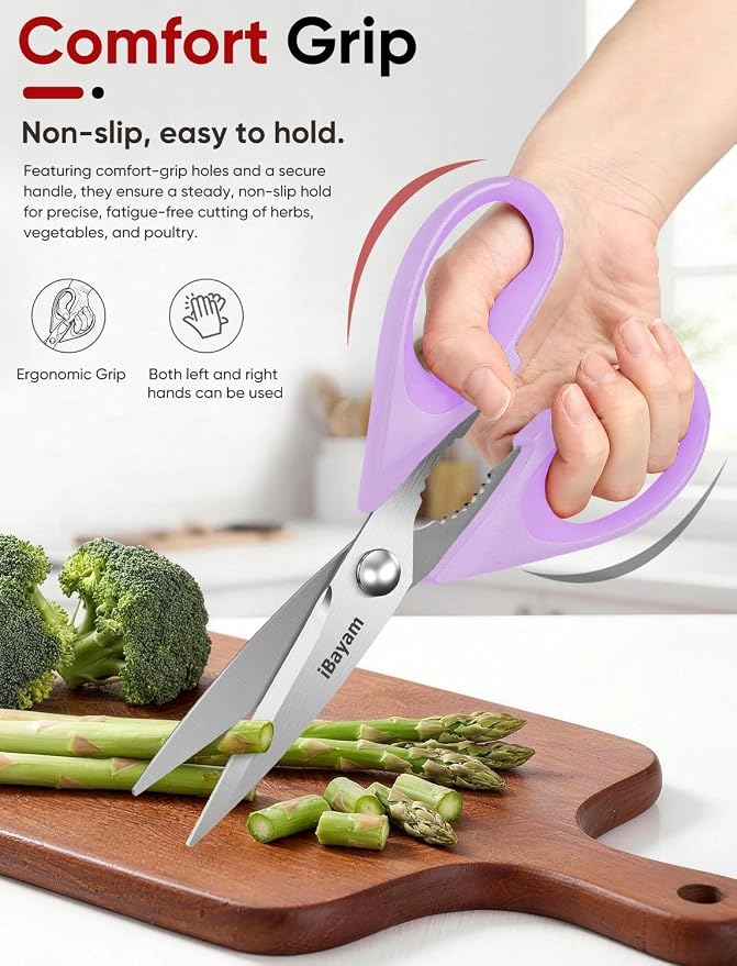iBayam 8.7" Cute Kitchen Scissors All Purpose, Pastel Pink Purple Teal | Stainless Steel, Comfort-Grip Handles, Dishwasher Safe, Cute Pastel kitchen utensils accessories Apartment Essentials